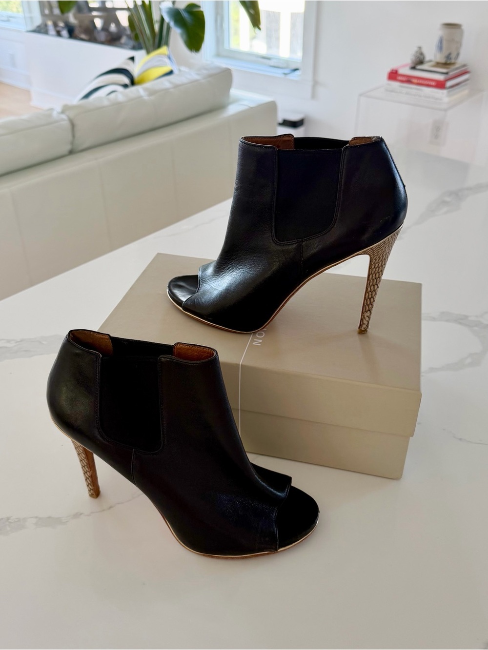 Coach Adriana Black Leather Peep-Toe Booties with Textured Stiletto Heel